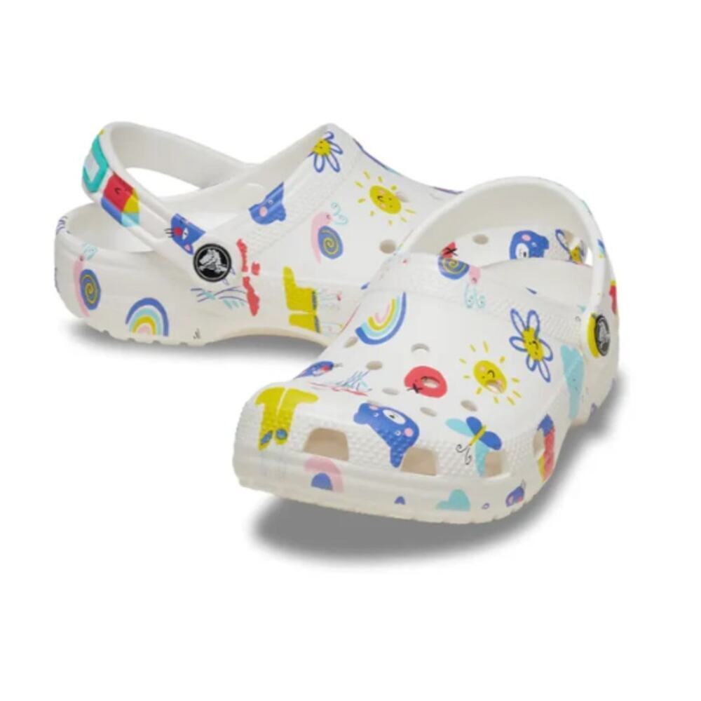 Crocs Kid's Junior White Multi Classic Doodle Print Clog Shoes Size 3